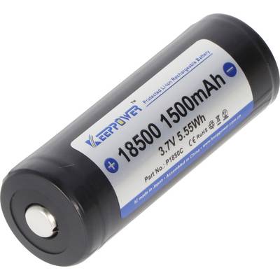 Batteria cilindrica ricaricabile nera etichettata "18500 1500mAh 3.7V 5.55Wh" con terminali positivi e negativi.