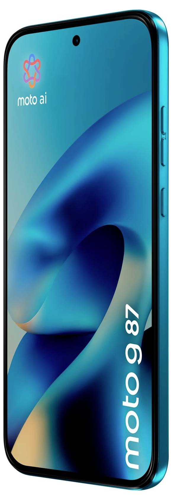 Un smartphone Moto AI mostrato da un angolo, con uno sfondo astratto blu e il testo 'moto g 87' sullo schermo.