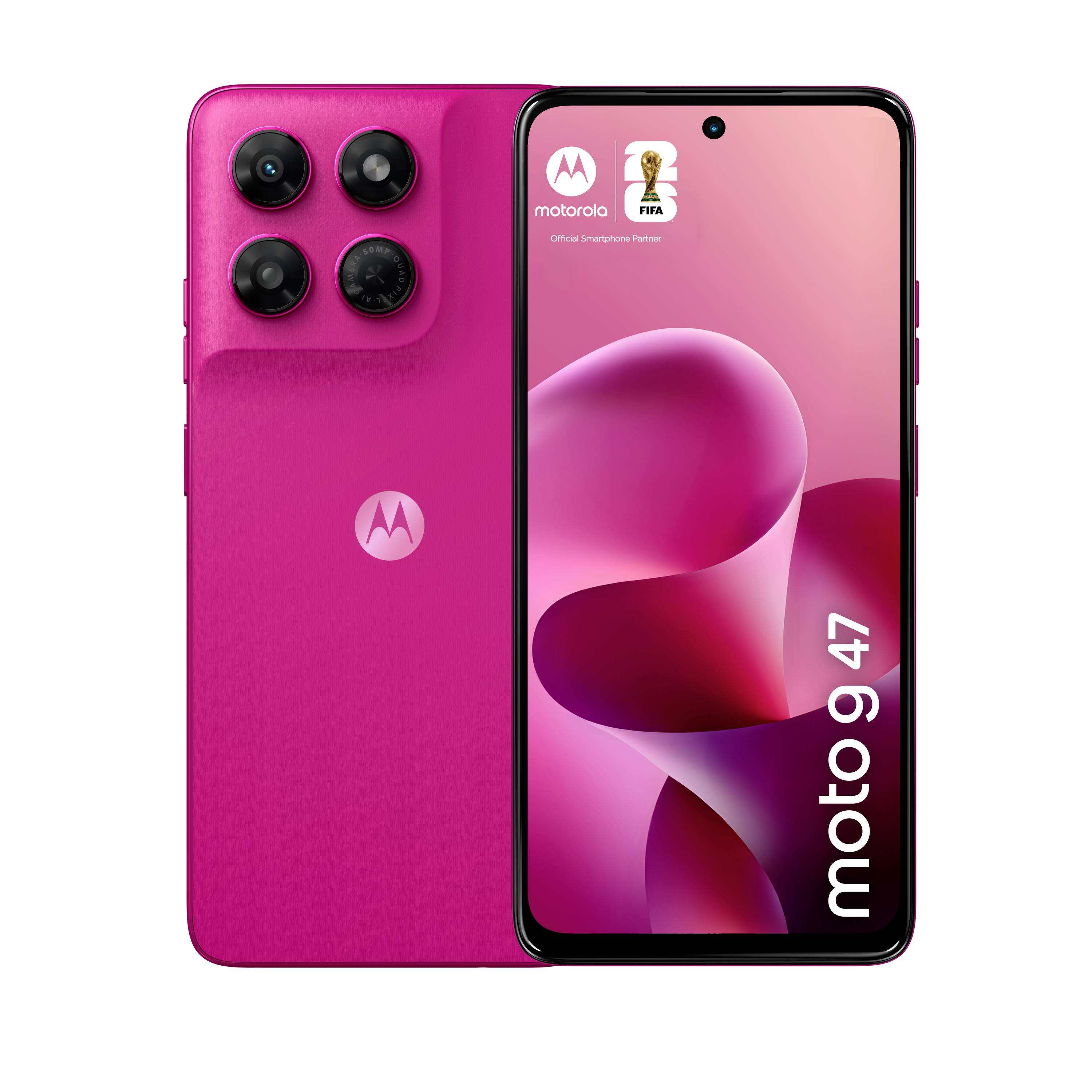 Smartphone Motorola rosa mostrato frontalmente con sfondo astratto rosa, branding 'motorola' e numero di modello 'g 37' sul bordo dello schermo.