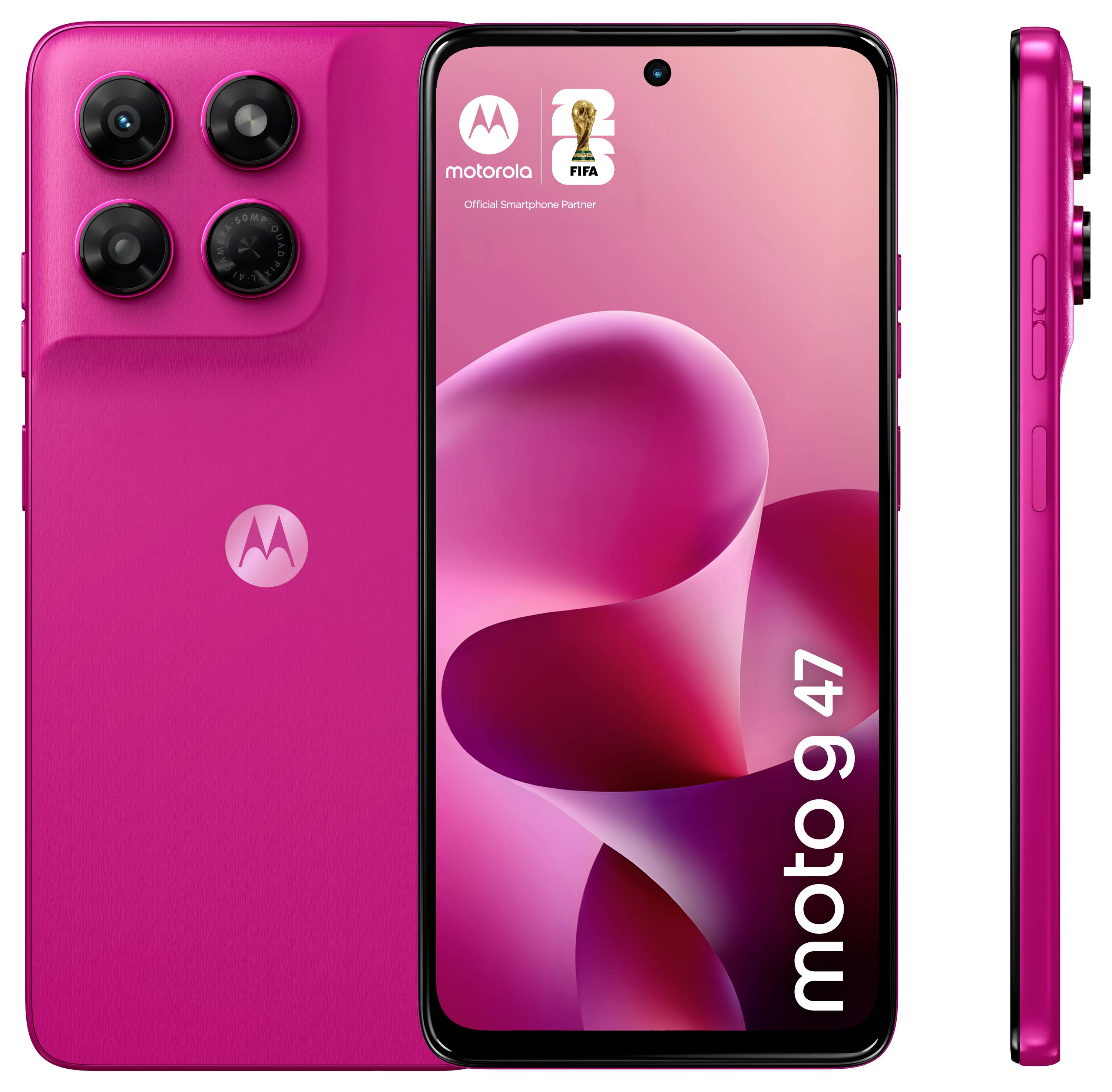 Smartphone pieghevole Motorola mostrato aperto, che visualizza uno sfondo astratto colorato e fotocamere anteriori doppie sullo schermo inferiore.