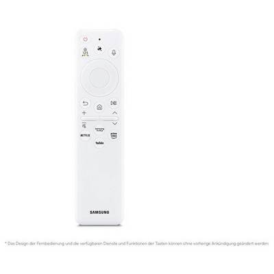 Telecomando Samsung per TV bianco con controllo vocale, pulsanti di navigazione, home, volume, canale e app di streaming inclusi Netflix, YouTube, Prime Video e Samsung TV Plus.