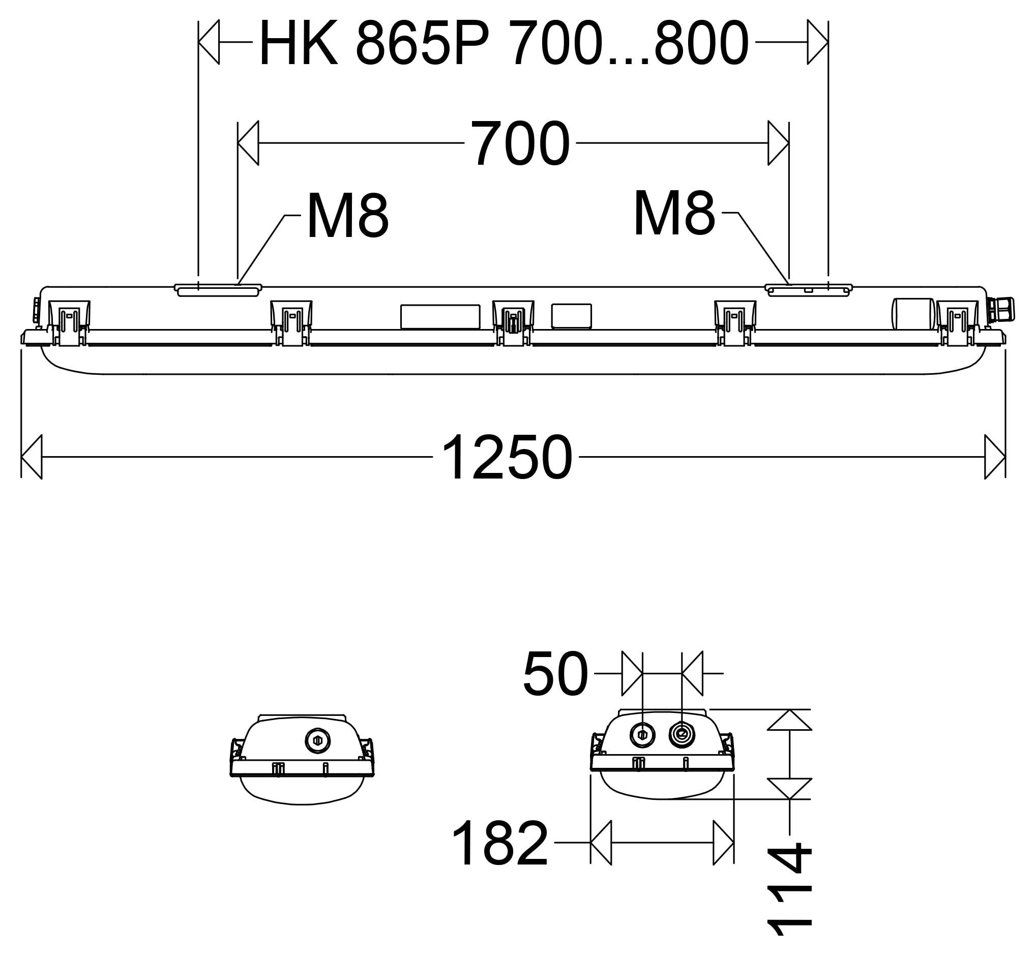 Disegno tecnico dimensionale di un apparecchio di illuminazione, che mostra una lunghezza totale di 1250 mm, un'apertura di montaggio di 700 mm, supporti M8 e dimensioni laterali di 182 mm di larghezza e 114 mm di altezza.
