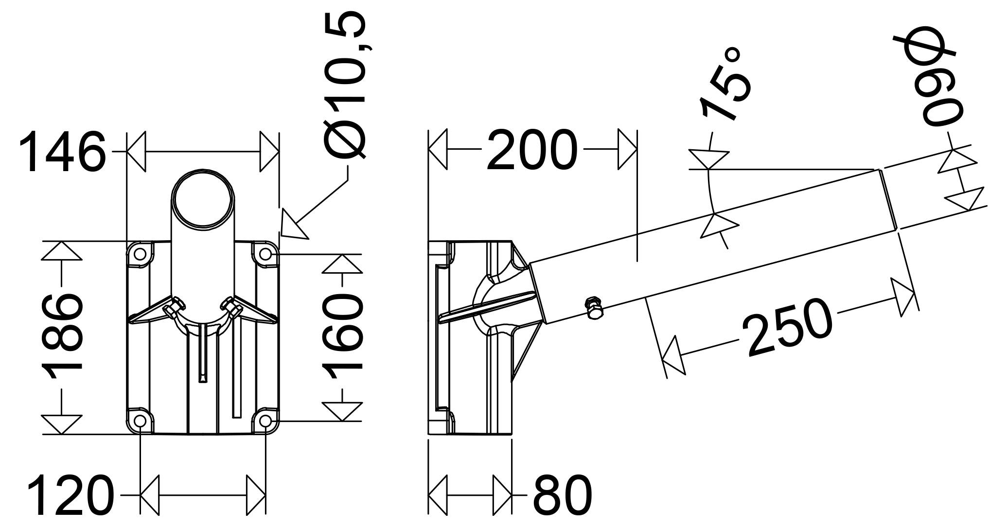 Disegno tecnico di una staffa meccanica o cerniera, mostrato in vista frontale e laterale con linee di quotatura, angoli e misurazioni etichettati 146, 186, 120, 160, 200, 80, 250, Ø10.5, 15° e Ø90.