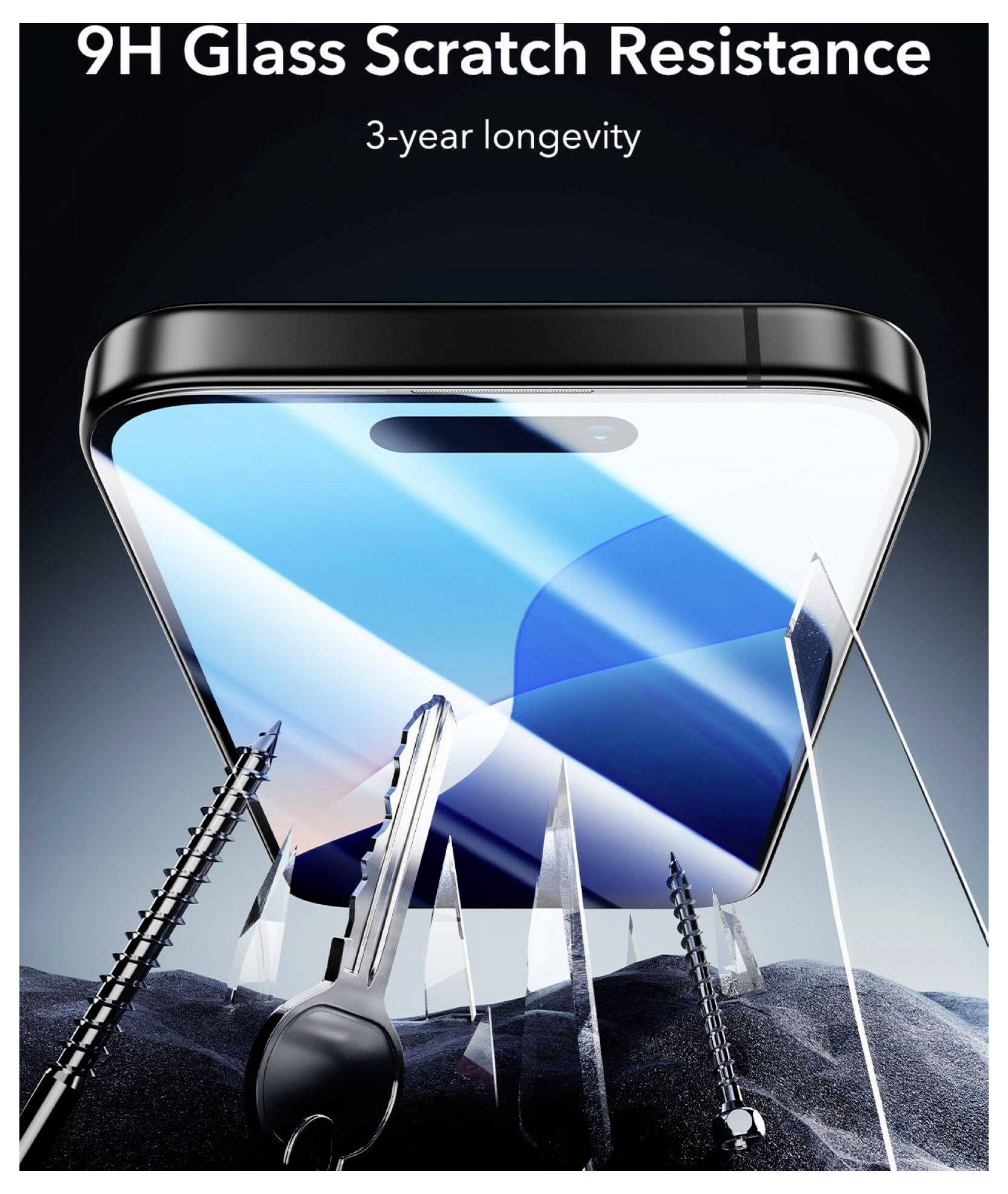 Grafica promozionale di un display smartphone con "Resistenza ai Graffi Vetro 9H" e "Longevità di 3 anni", mostrando strumenti e punte incapaci di graffiare lo schermo.