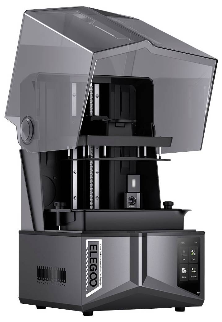 Stampante 3D in resina compatta con coperchio tintato, touchscreen frontale e marchio "ELEGGO" sulla base.