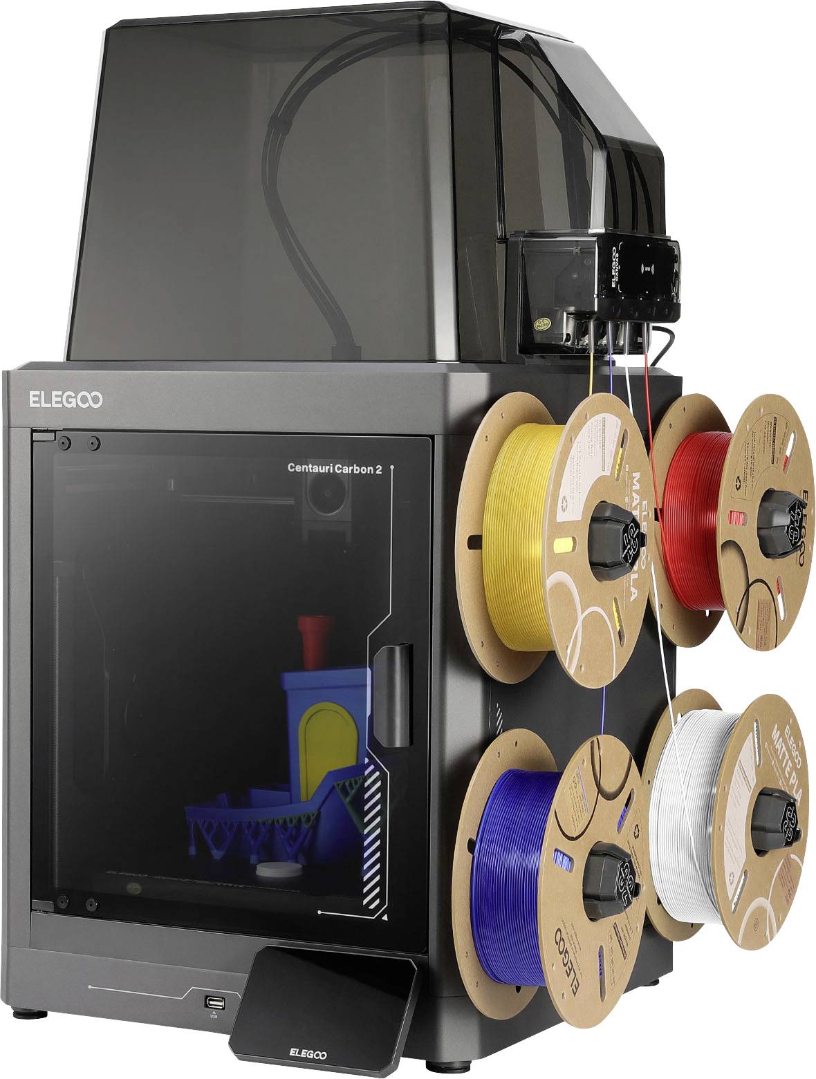 Una stampante 3D Elegoo chiusa con quattro bobine di filamento caricate su supporti laterali, che mostra una stampa all'interno della camera di costruzione.