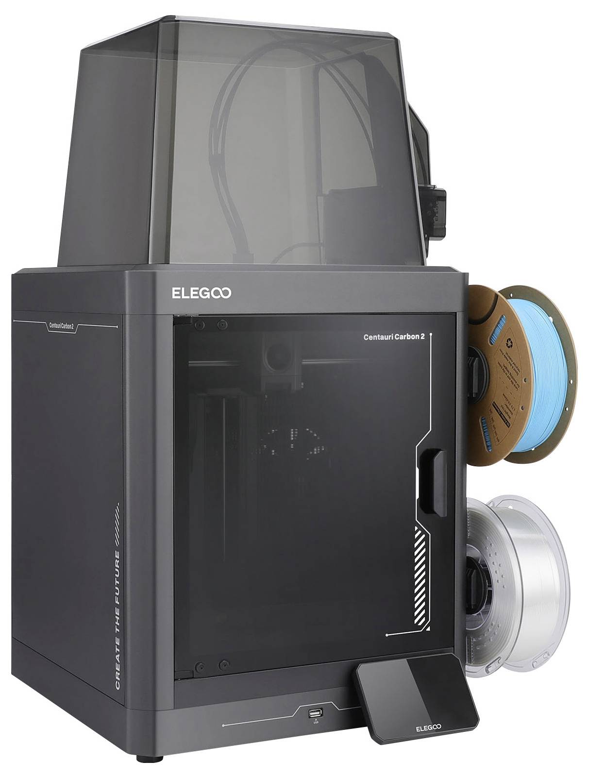 Stampante 3D ELEGOO Centauri Carbon con camera di costruzione chiusa e due bobine di filamento montate sul lato destro.