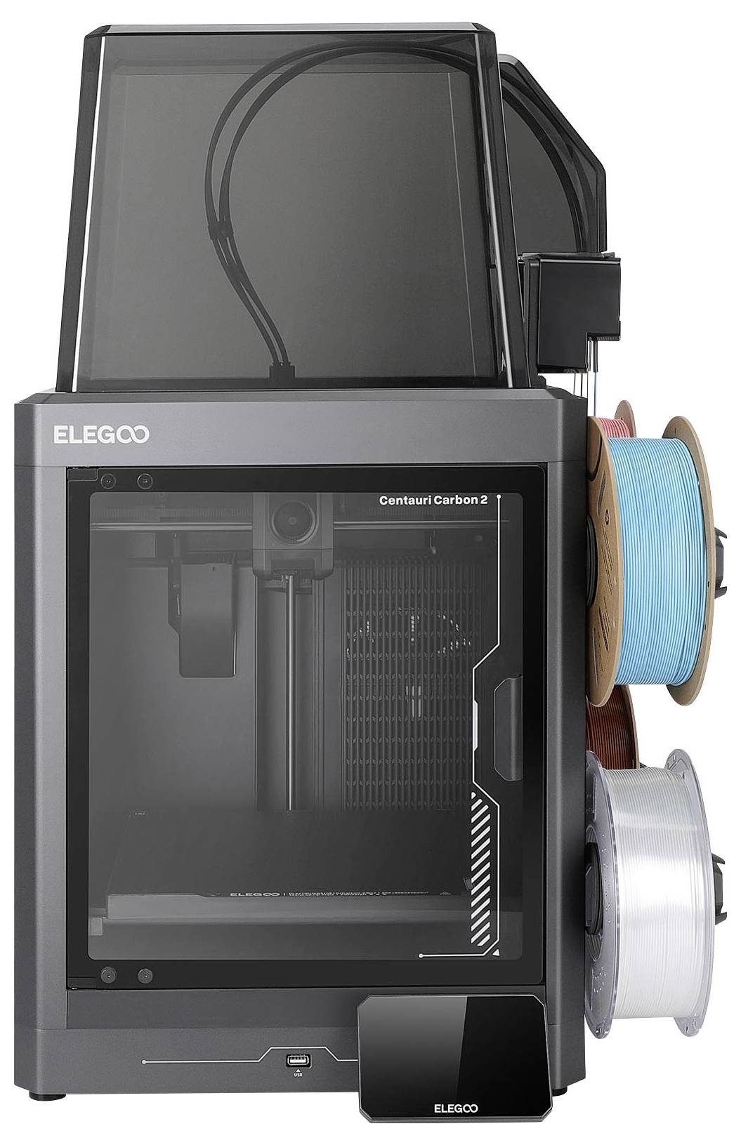 Stampante 3D Elegoo Centauri Carbon con camera di costruzione chiusa e bobine di filamento blu e bianche montate lateralmente.