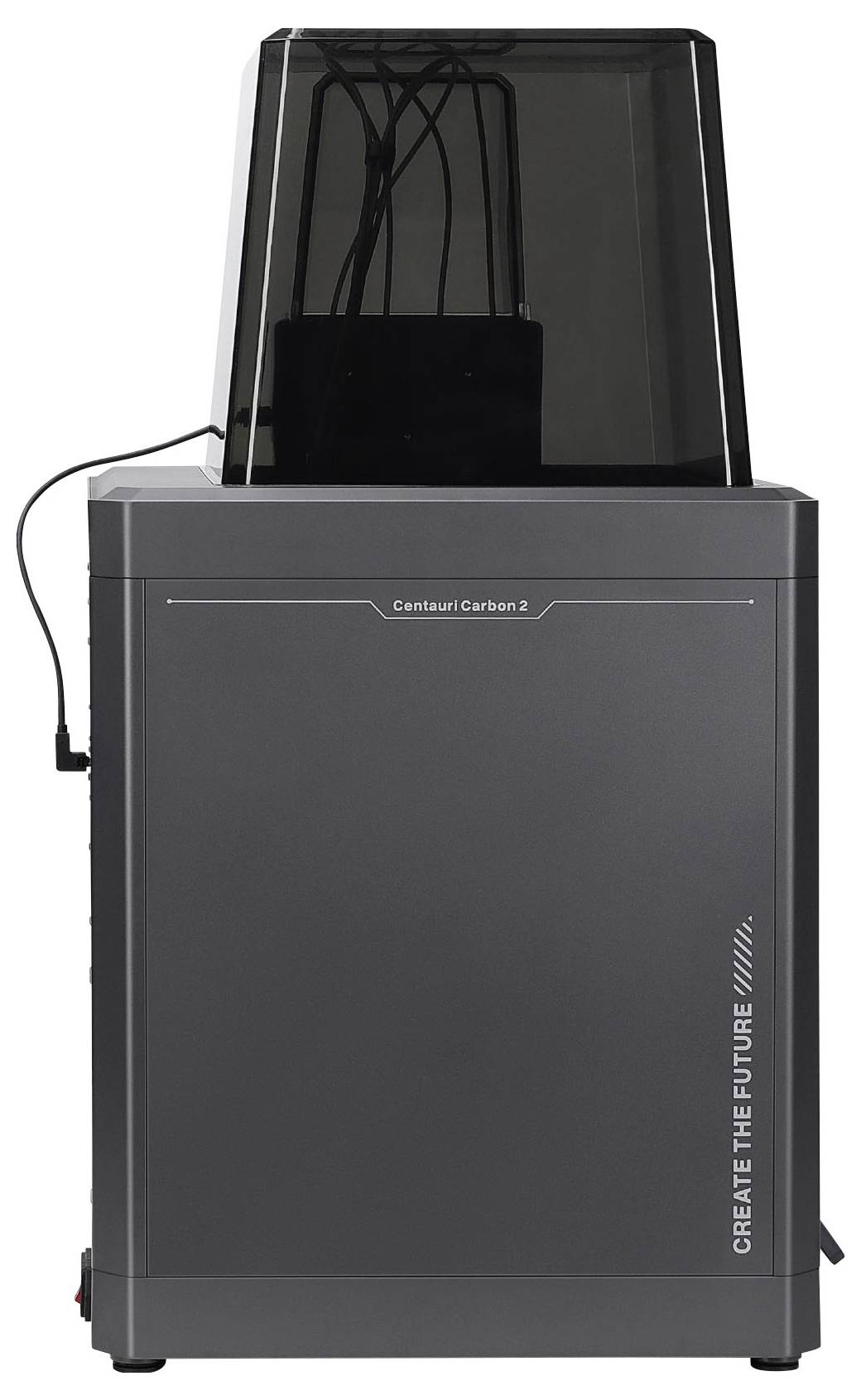 Una stampante 3D Centauri Carbon 2 nera con enclosure tintato e la scritta "CREATE THE FUTURE" stampata sul pannello frontale inferiore destro.