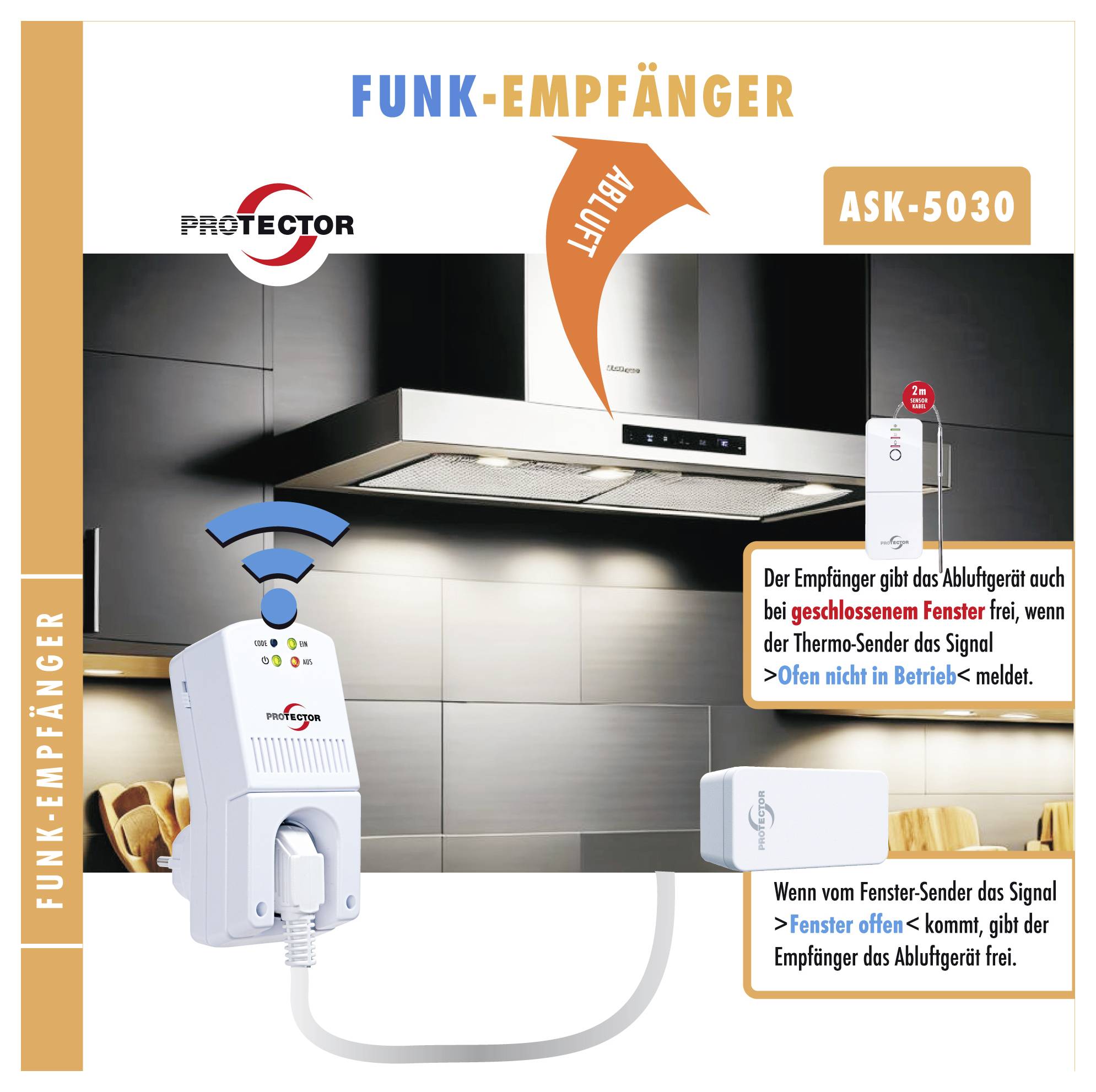 Grafica del prodotto per il ricevitore wireless Protector ASK-5030, che mostra un sensore collegato a una cappa di ventilazione della cucina; segnala quando una finestra è aperta o la ventola è spenta.