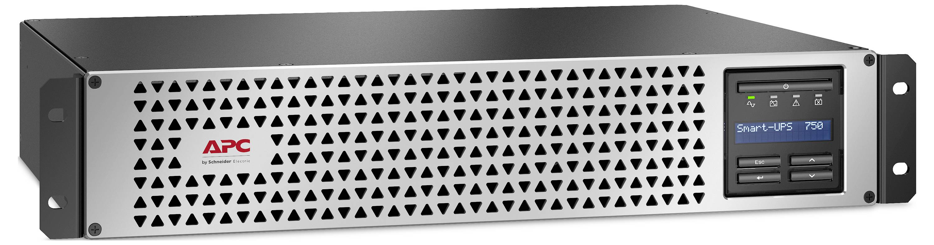 Sistema di alimentazione ininterrotta APC Smart-UPS rackmount con pannello di visualizzazione anteriore e griglia di ventilazione.