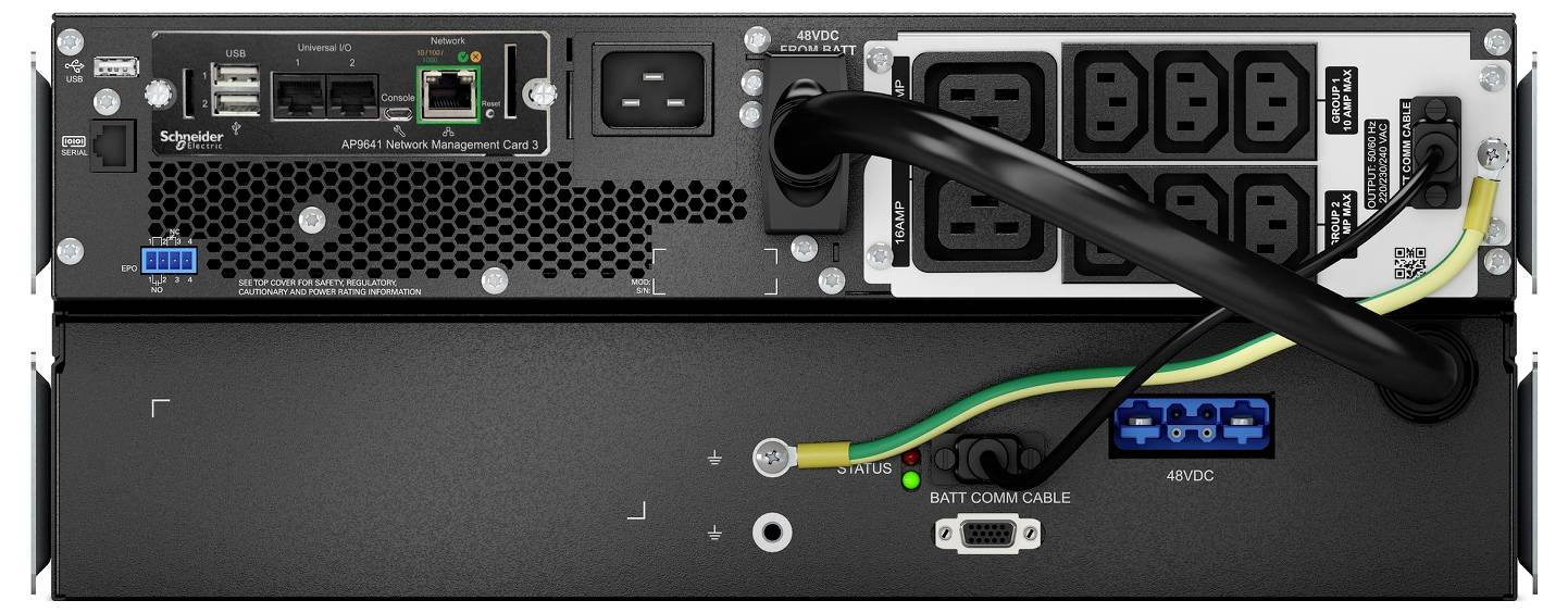 Vista posteriore di un UPS Schneider Electric, che mostra prese di corrente, porta di rete, connessione della batteria, porte di comunicazione etichettate e cavi.