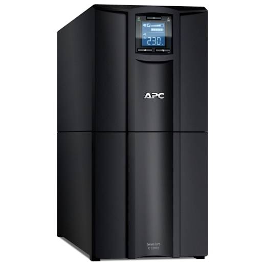 UPS intelligente APC nero a torre con batteria di backup e display digitale che mostra 230V.
