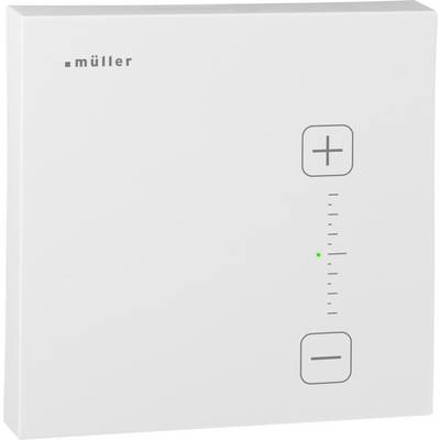 Pannello di controllo da parete Müller White con pulsanti più e meno, una scala di livello verticale e una spia di stato verde.