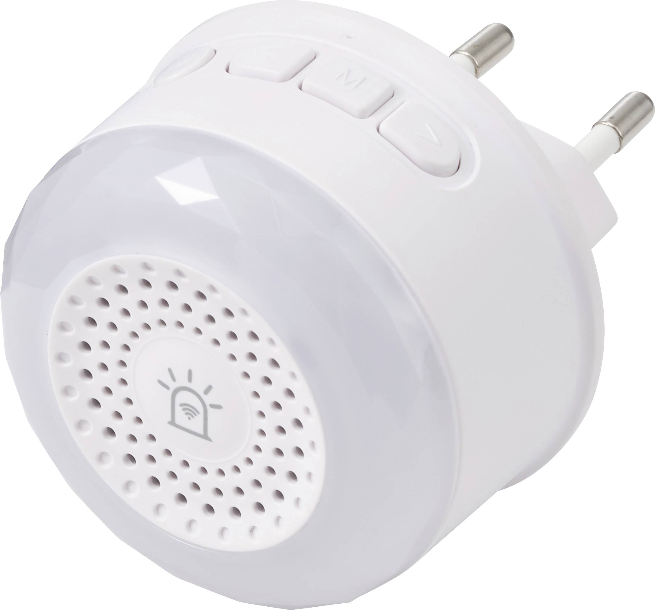 Campanello a innesto bianco con spina europea a due poli e griglia dell'altoparlante anteriore, mostrato su sfondo bianco.