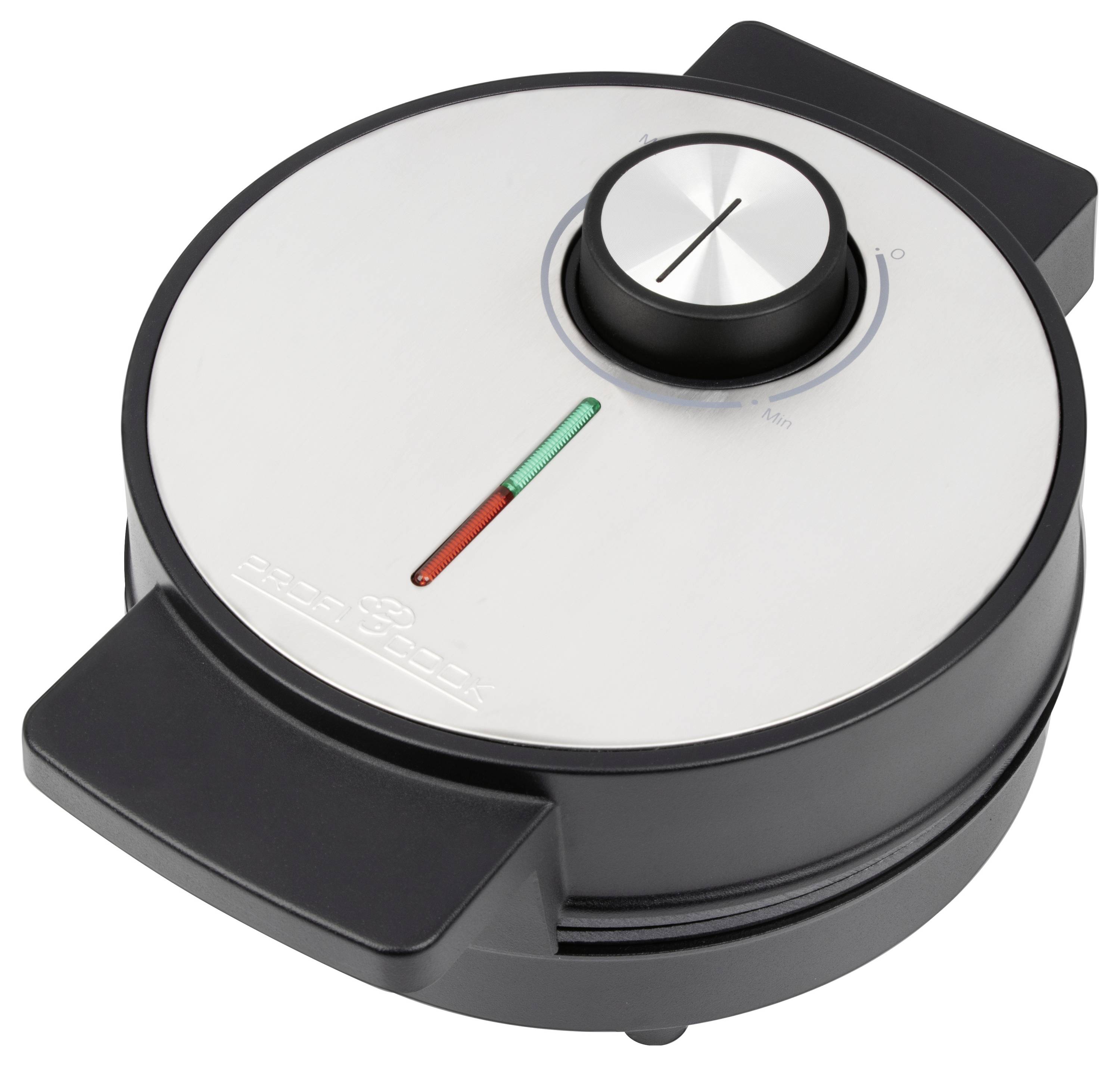 Grill elettrico rotondo o piastra per sandwich con coperchio argentato, maniglie nere e manopola di controllo della temperatura sulla parte superiore.