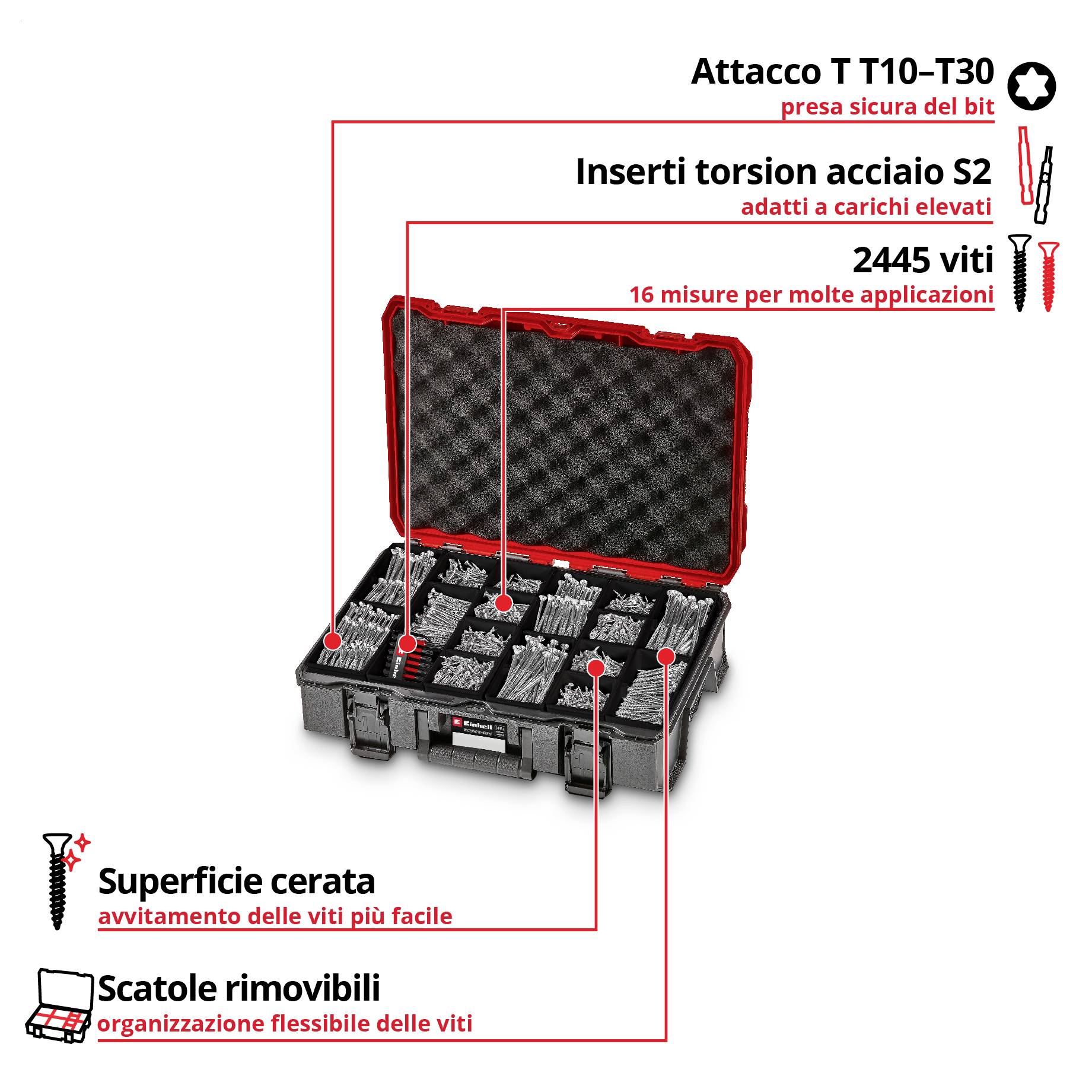 Valigetta di bit aperta con 2445 viti e 16 misure; azionamento T T10–T30, bit di torsione in acciaio S2, superficie cerata e scatole estraibili.