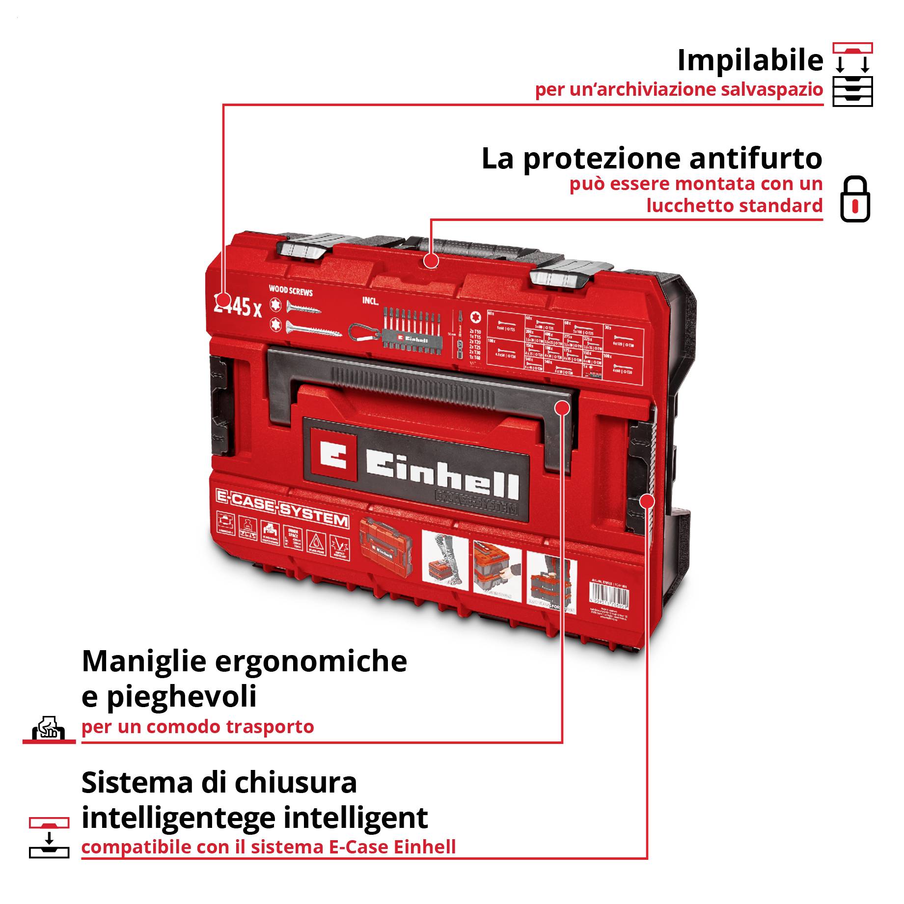Valigetta di trasporto rossa Einhell con indicazioni per l'immagazzinamento impilabile, protezione antifurto, maniglie pieghevoli e sistema di chiusura intelligente.
