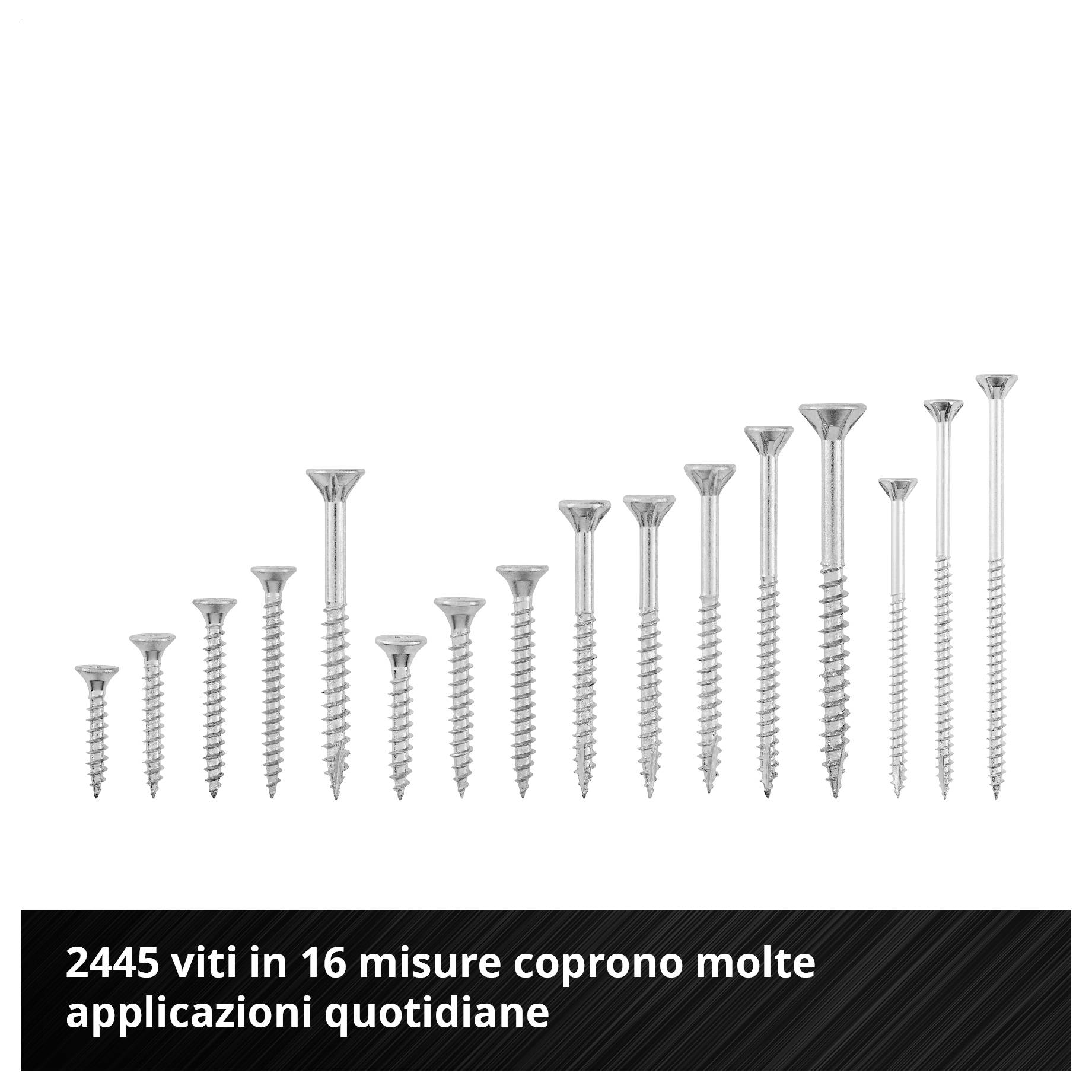Grafica pubblicitaria con vari lunghezze di viti; Testo: "2445 viti in 16 misure coprono molte applicazioni quotidiane"