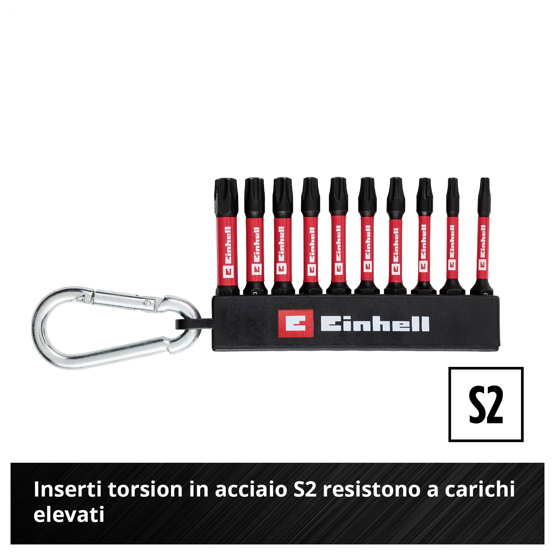 Set di Punte con Moschettone Einhell e Punte a Torsione in Acciaio S2; Testo: 'Le punte a torsione in acciaio S2 resistono a elevati carichi' e 'S2'.