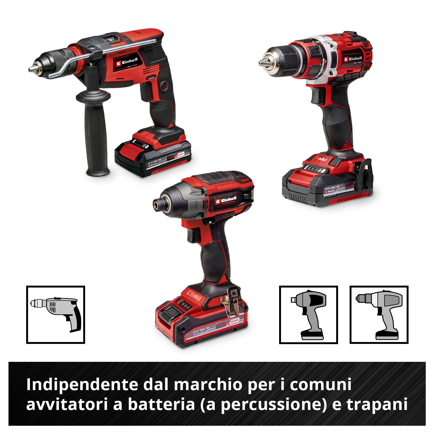 Tre trapani-avvitatori a batteria rossi/cacciaviti ad impatto su sfondo bianco; in basso testo: 'Indipendente dal marchio – Per comuni avvitatori a batteria (ad impatto) e trapani'.