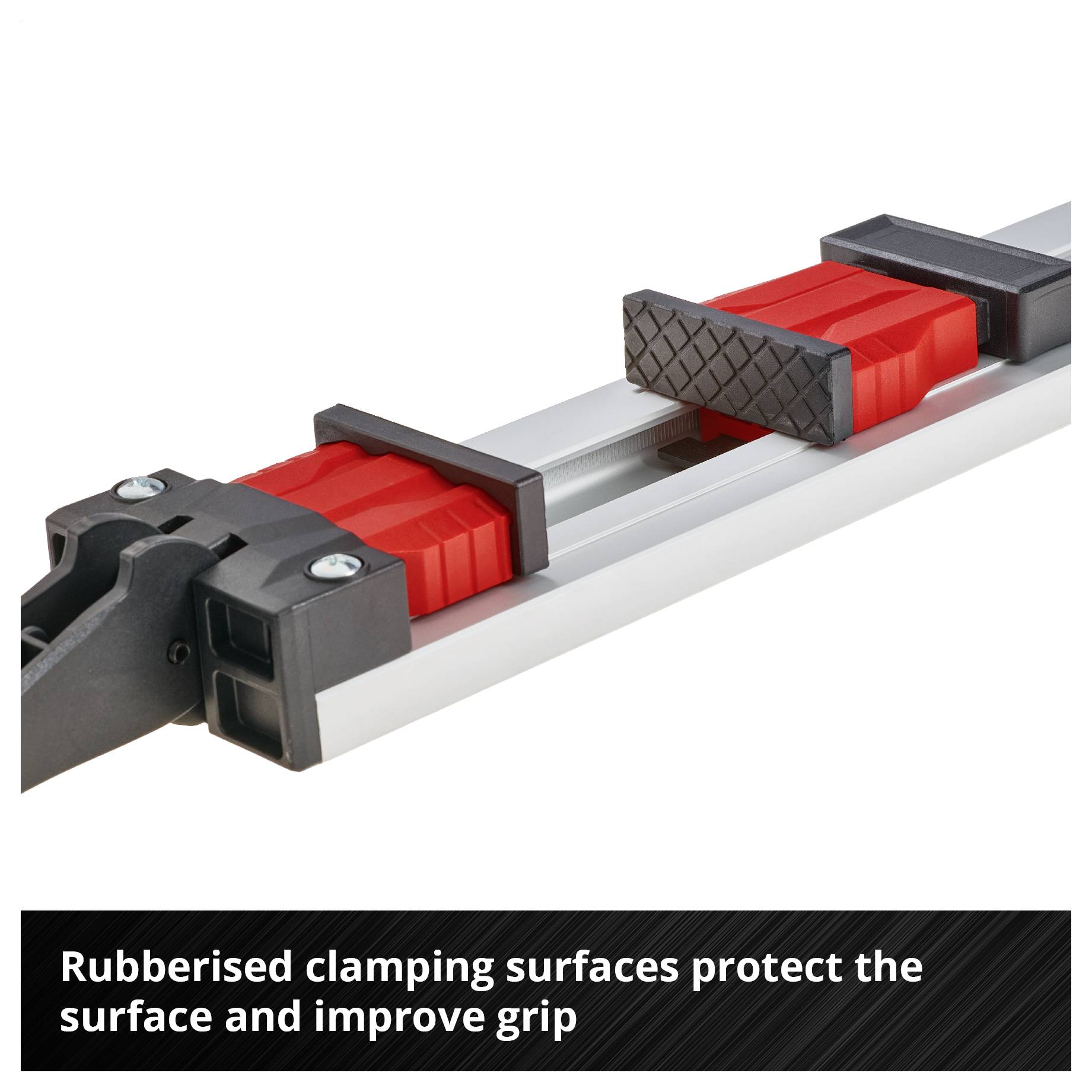 Barra di bloccaggio con superfici di serraggio gommate rosse; protegge la superficie e garantisce una migliore presa.