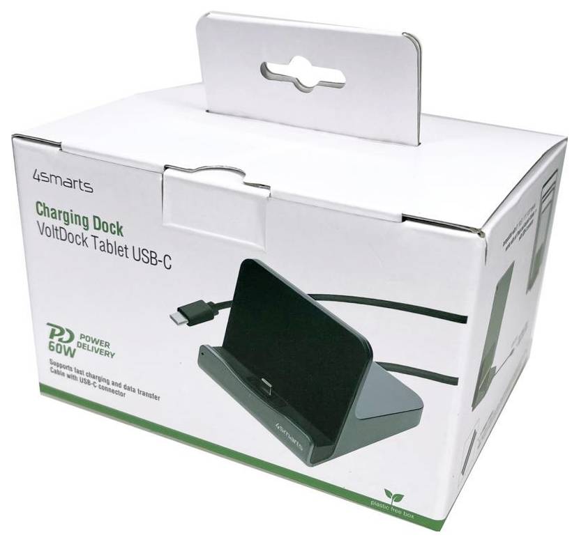 Scatola di vendita al dettaglio del dock di ricarica USB-C per tablet VoltDock 4smarts con immagine del prodotto e etichetta Power Delivery 60W.