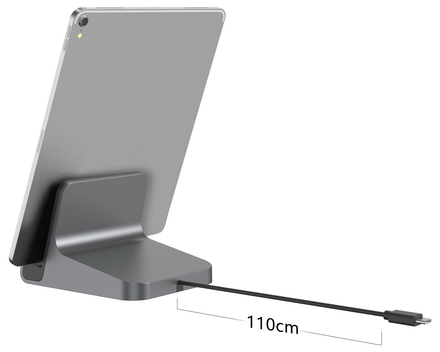 Tablet su un supporto con un cavo di ricarica da 110 cm collegato al dispositivo.