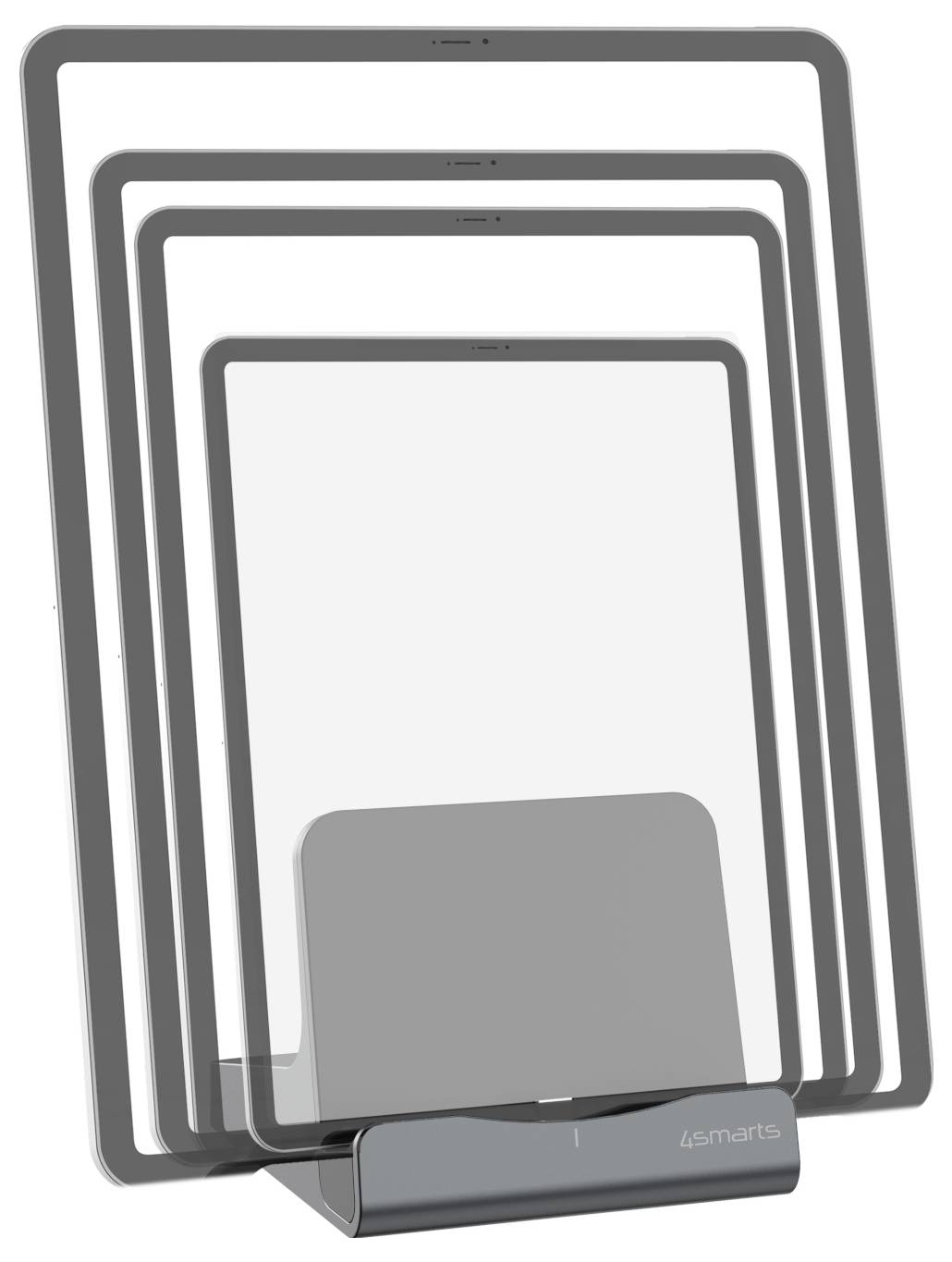 Stack di quattro cornici di tablet o e-reader grigie esposte in una stazione di ricarica
