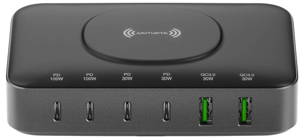 Dock di ricarica nero con sei porte anteriori: quattro porte USB-C etichettate PD 100W, PD 100W, PD 30W, PD 30W, e due porte USB-A QC3.0 verdi.