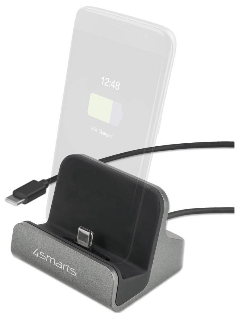 Dock di ricarica 4smarts con telefono in posizione verticale collegato via cavo, con supporto di ricarica wireless.