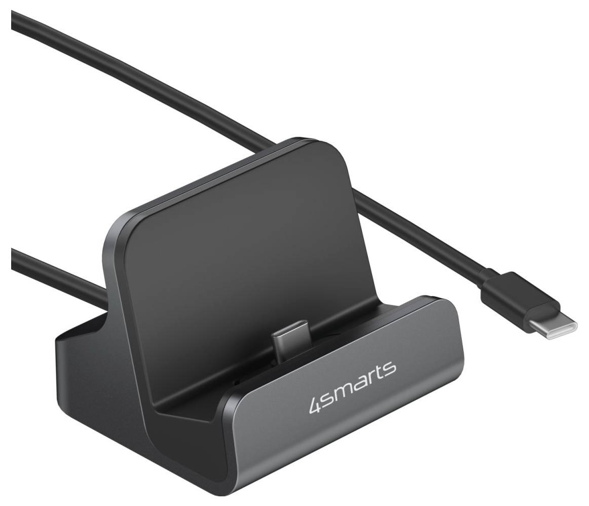 Dock di ricarica USB-C 4smarts nero con cavo USB-C collegato, mostrato su sfondo bianco.