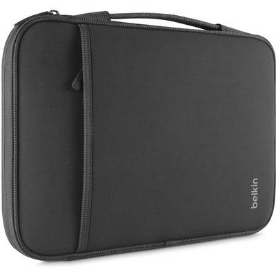 Custodia Belkin nera con cerniera e maniglia, mostrata chiusa su sfondo bianco.