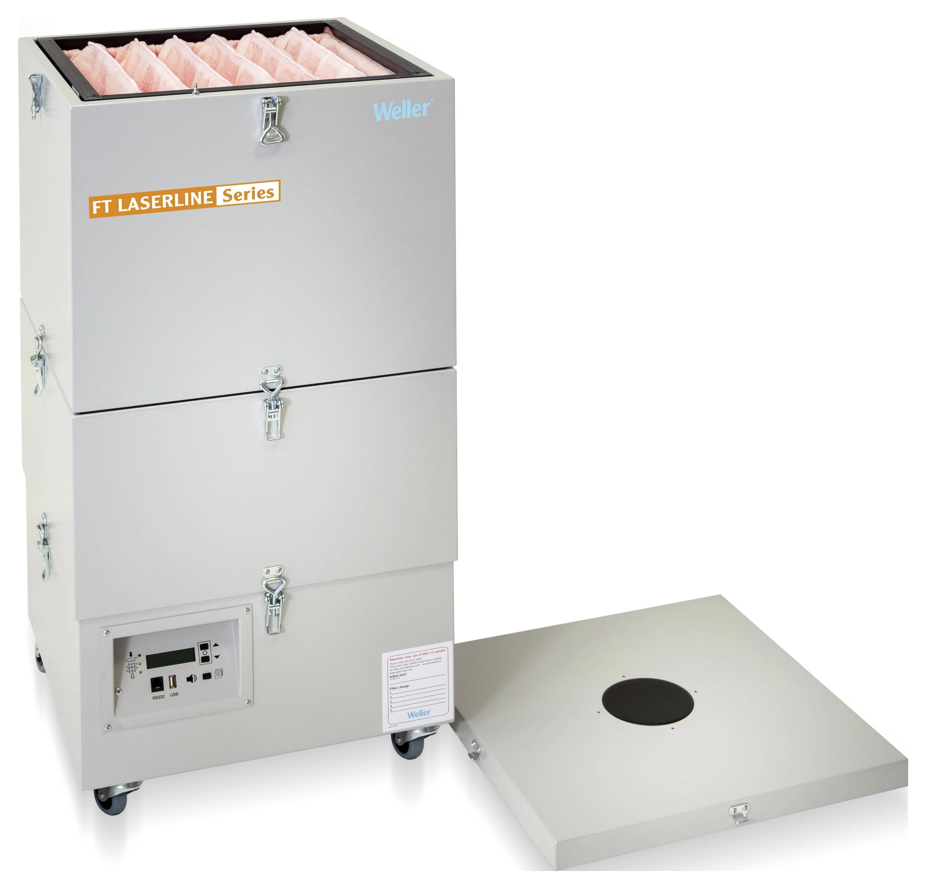 Armadio per la raccolta della polvere industriale contrassegnato con "Weller FT LASERLINE Series" con un pannello di copertura staccato sul pavimento.