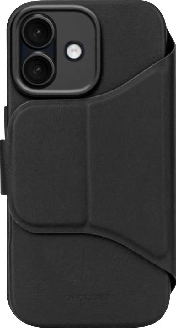 Custodia per smartphone nera con aletta anteriore strutturata e ritaglio fotocamera rialzato, che mostra una fotocamera telefonica dual-lens e il flash in alto a sinistra.