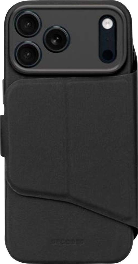 Custodia portafoglio nera per smartphone con aletta, che mostra tre obiettivi posteriori della fotocamera e il ritaglio del flash.