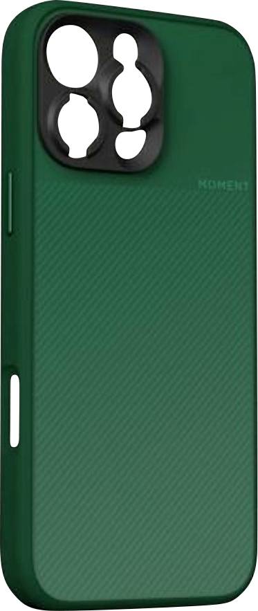 Custodia per smartphone verde con ritaglio fotocamera nero e bordo rialzato, mostrata frontalmente su sfondo bianco.