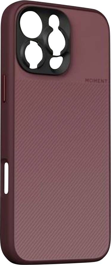 Custodia per smartphone color bordeaux con ritaglio rialzato per fotocamera in nero e retro con texture, mostrata dal lato posteriore.