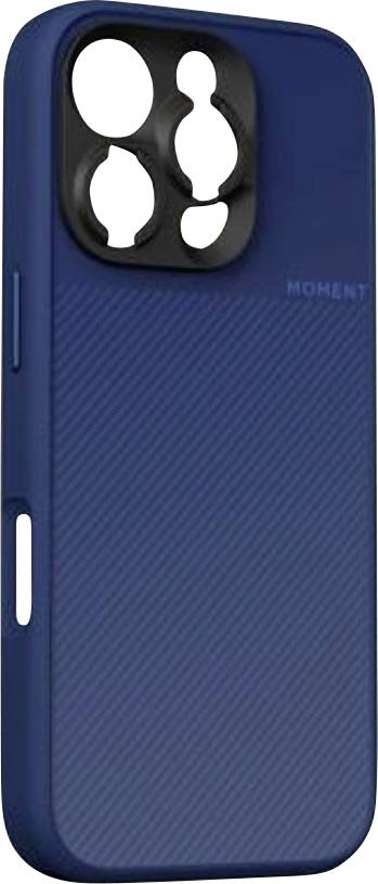 Custodia per smartphone con texture blu e ritaglio della fotocamera rialzato nero sul retro, mostrata da dietro.