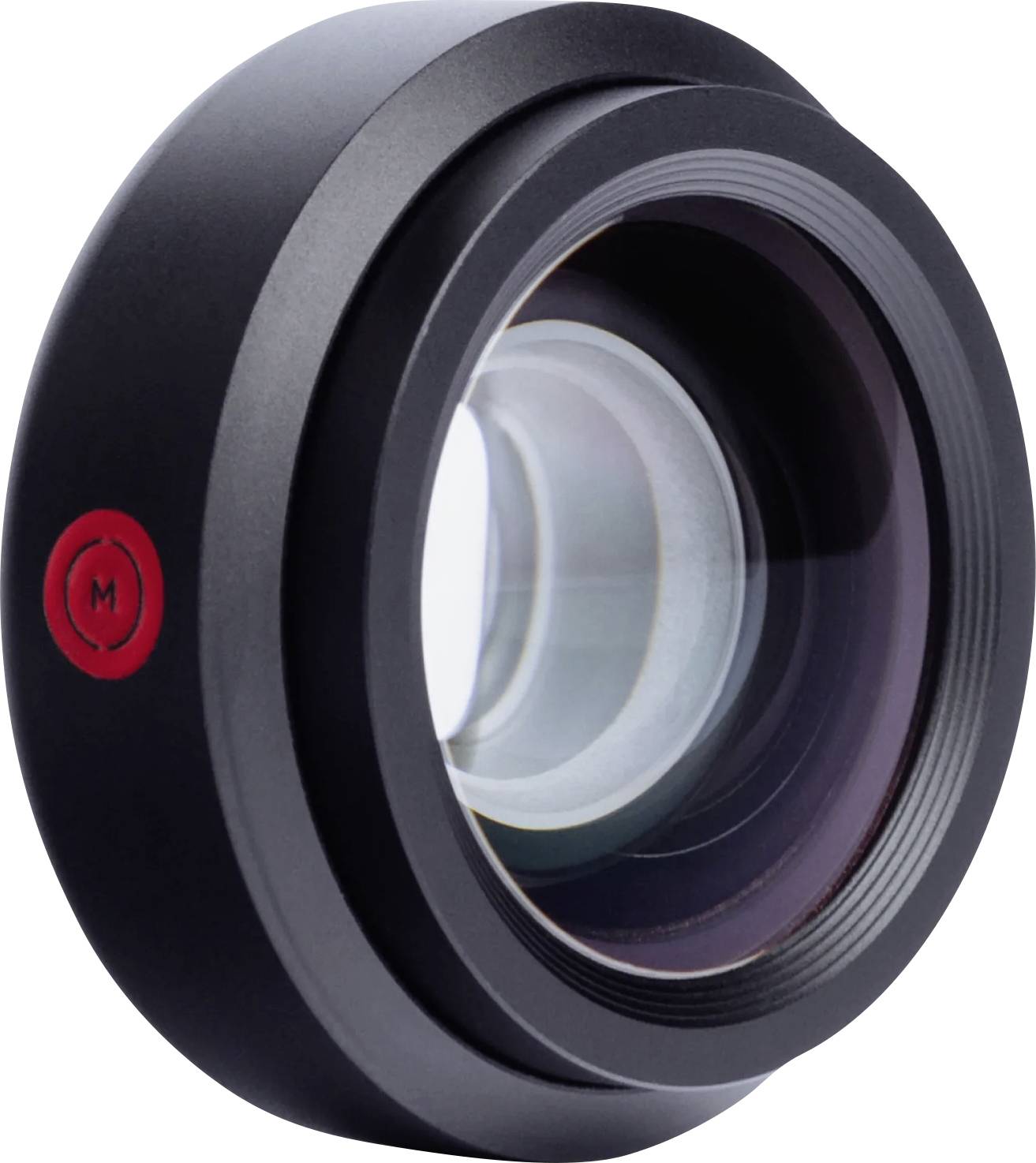 Obiettivo della fotocamera nero con marcatore rosso "M", mostrato in primo piano su sfondo bianco.