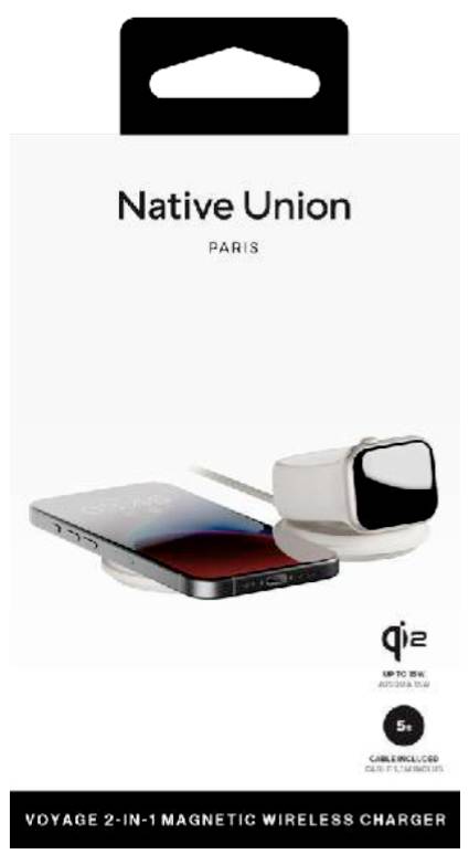 Native Union 'Caricabatterie Wireless Magnetico 2-in-1 Voyage' con confezione che mostra un telefono e gli auricolari in ricarica su uno sfondo bianco.