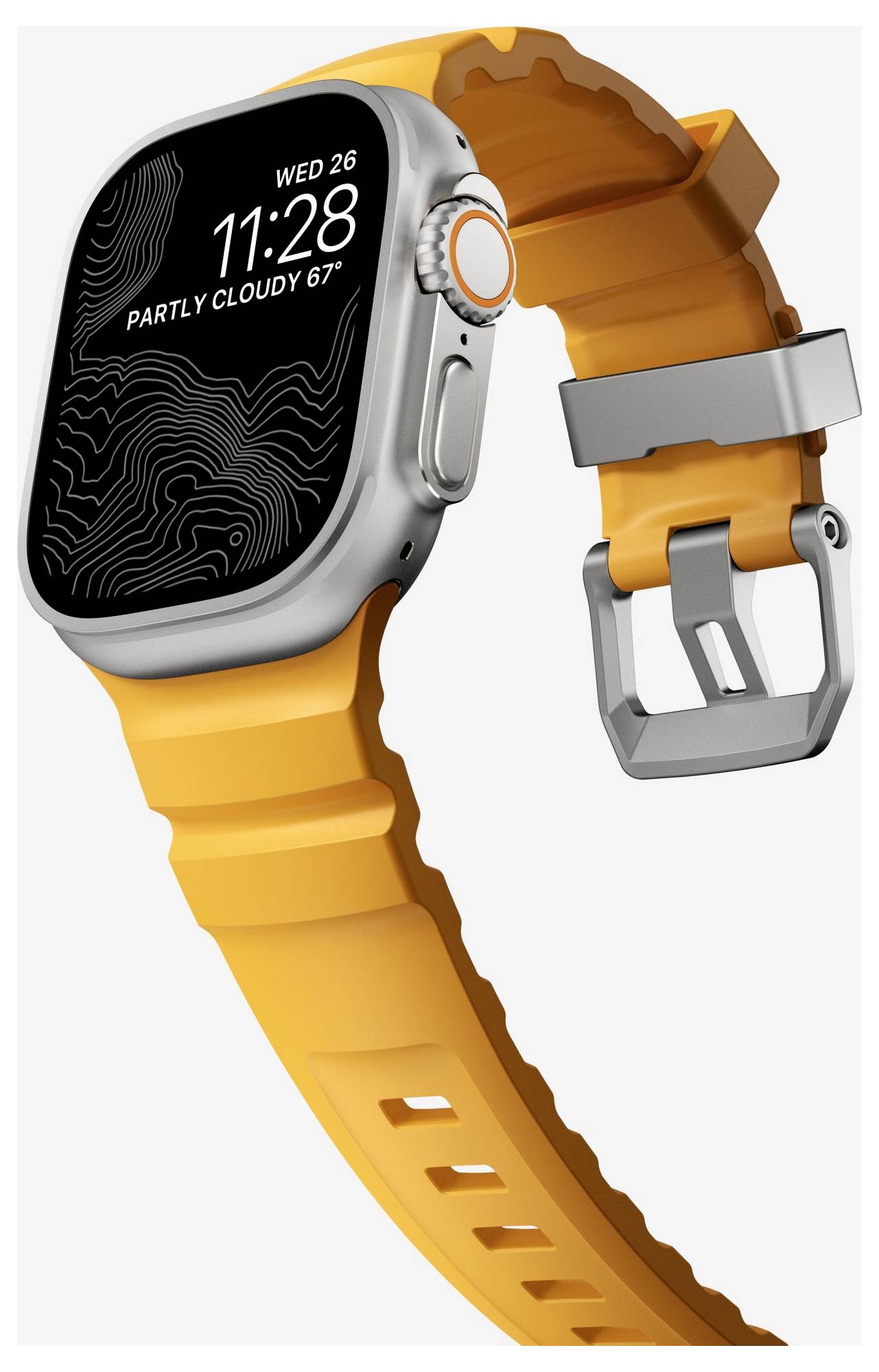 Apple Watch con cinturino arancione mostrato da un'angolazione, che visualizza "WED 26 11:28" e "PARTLY CLOUDY 67°" sullo schermo.