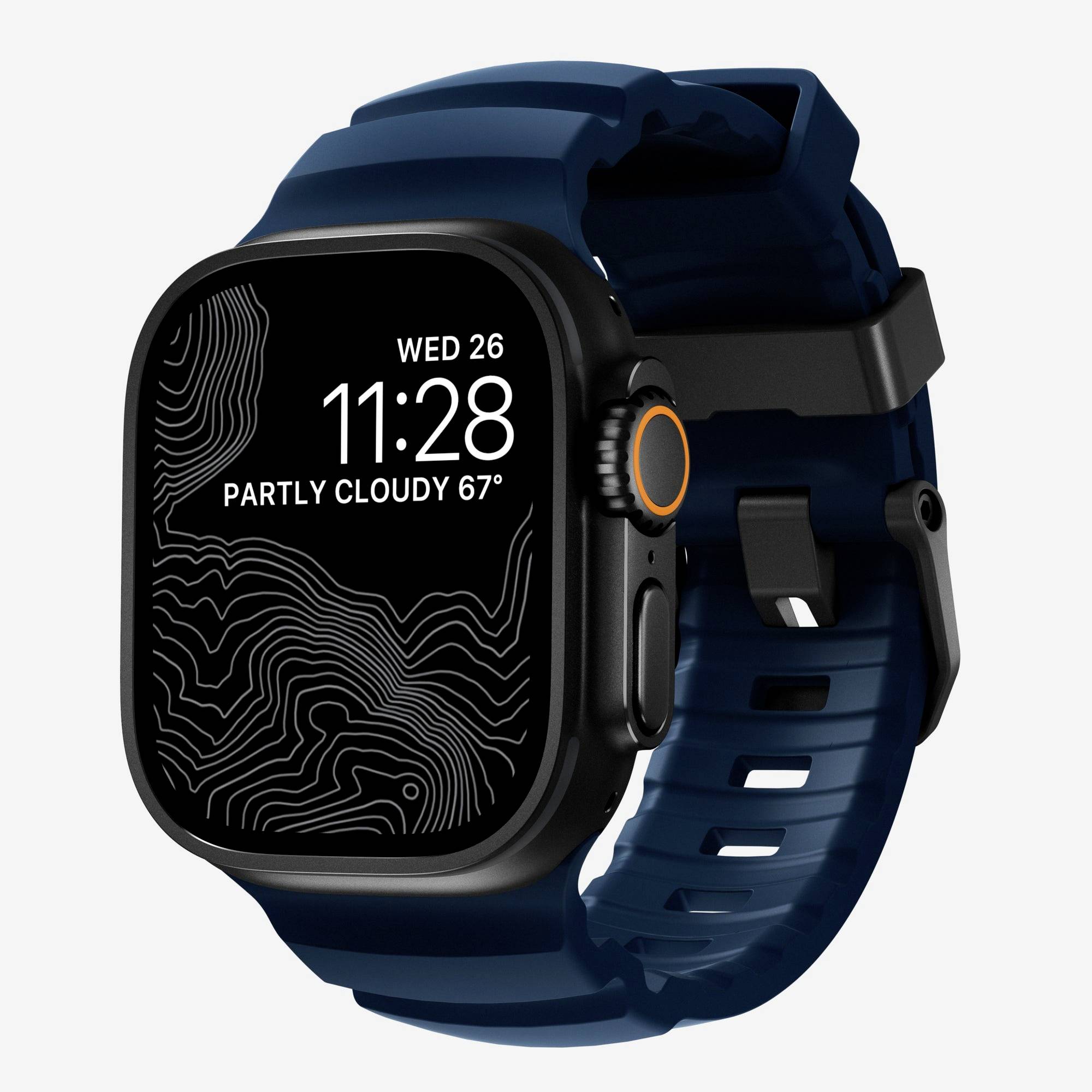 Smartwatch blu con quadrante nero che mostra le 11:28, mer 26 e "Parzialmente nuvoloso 67°" sul display.