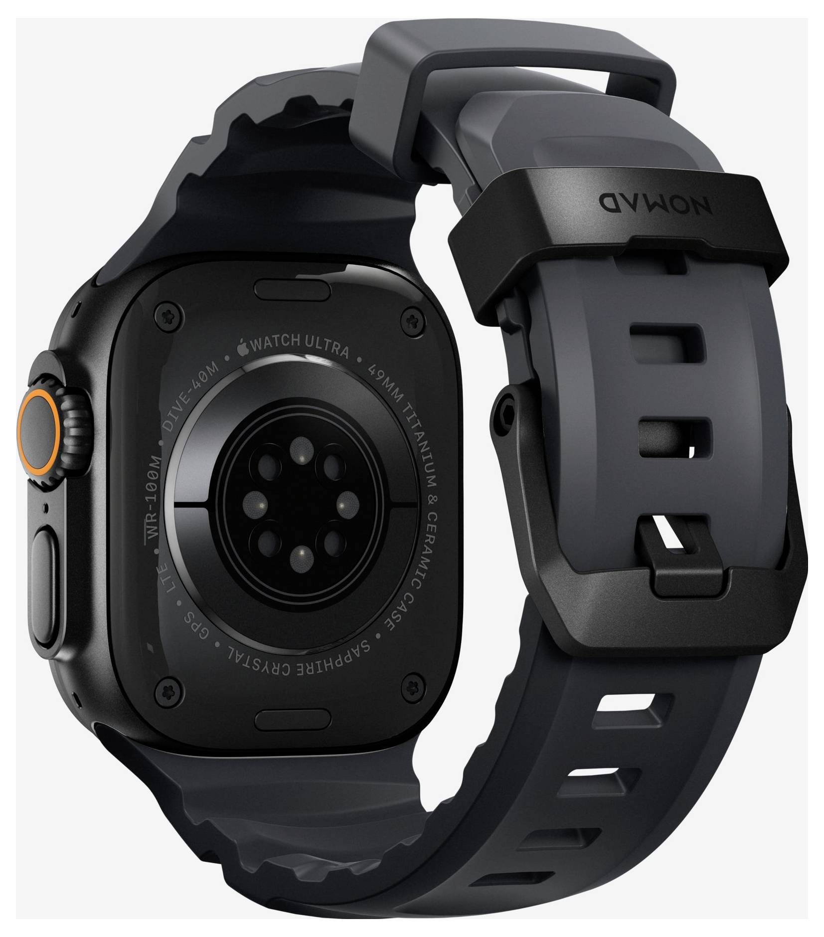 Smartwatch nero mostrato da dietro, evidenziando l'array di sensori circolare e il cinturino robusto con corona accento arancione.