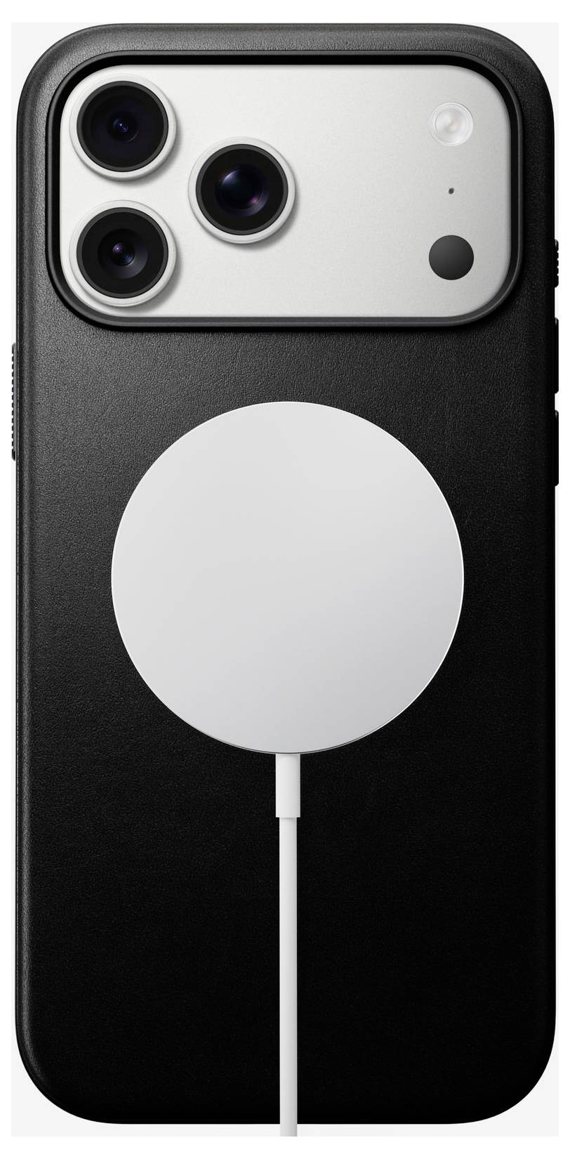 Custodia per smartphone nera con pad di ricarica MagSafe integrato centrato sul retro, che mostra il cluster fotocamera del telefono in alto a sinistra.