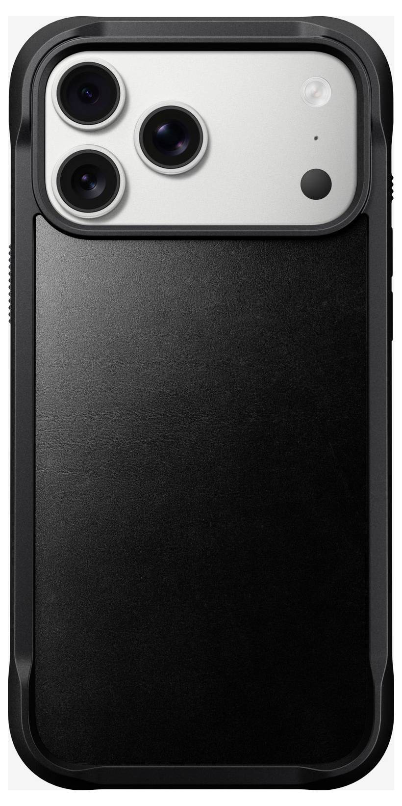 Custodia protettiva nera per smartphone con ampio ritaglio posteriore per la fotocamera, mostrata su uno sfondo chiaro.
