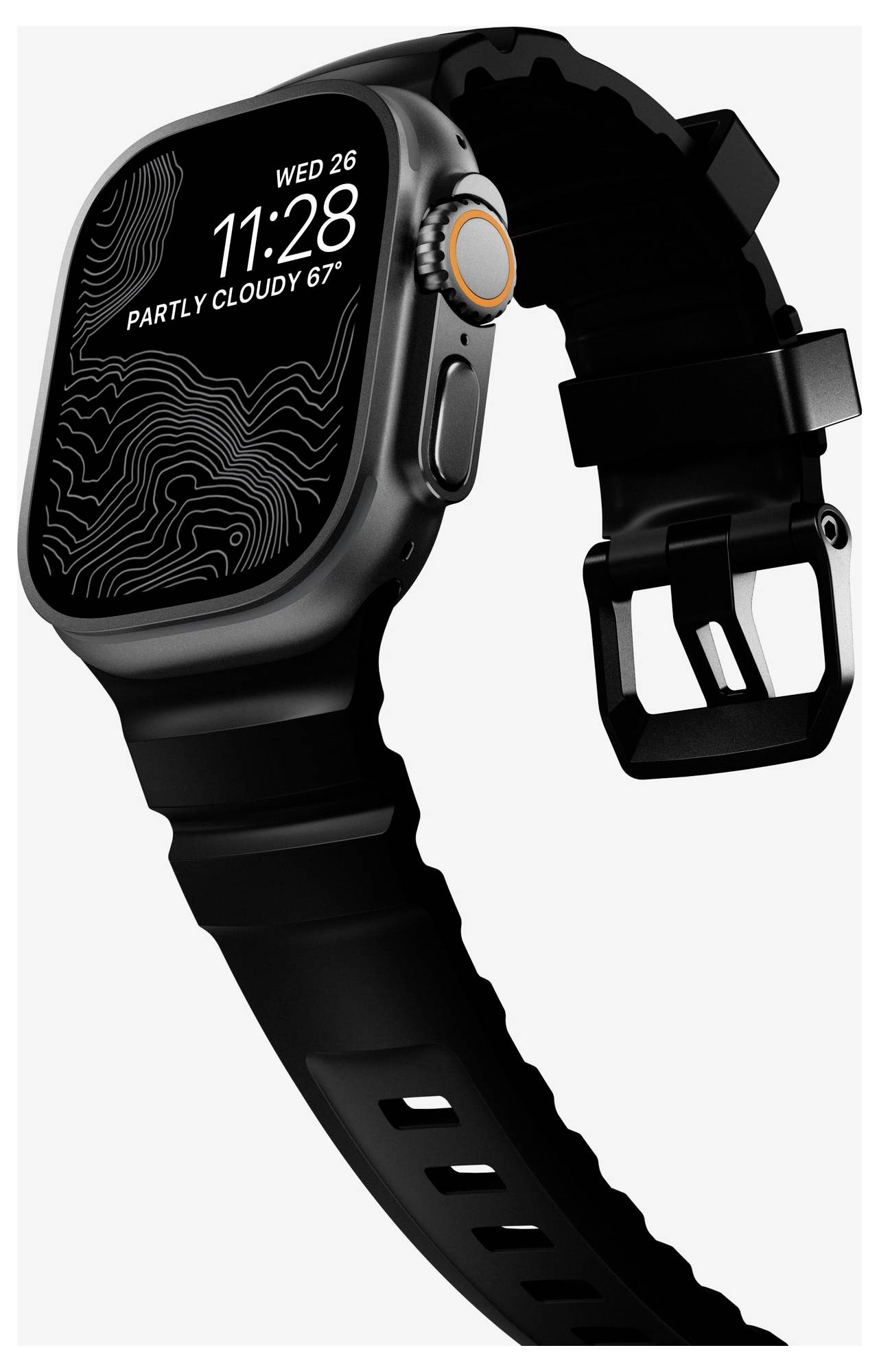 Smartwatch nero con display rettangolare che mostra "WED 26", "11:28" e "PARTLY CLOUDY 67°", inclinato per mostrare il pulsante laterale e la fibbia del cinturino.
