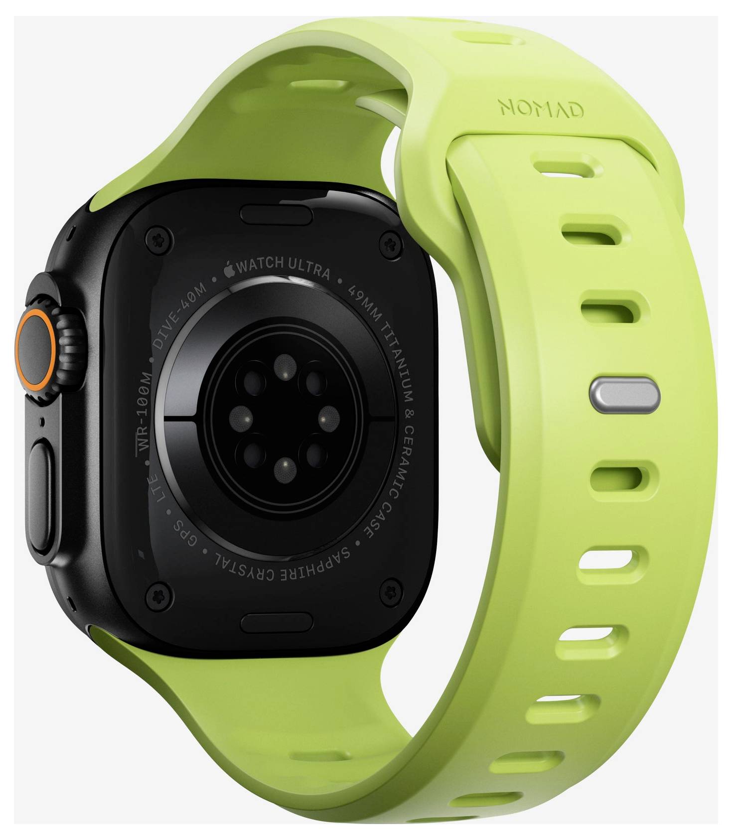 Vista posteriore di un Apple Watch Ultra nero con un cinturino sportivo verde brillante, che mostra il sensore della fotocamera e i controlli laterali.