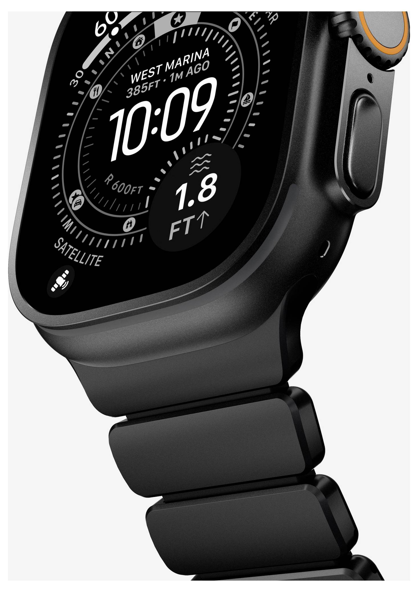 Smartwatch nero con cinturino robusto che mostra quadrante digitale, ora 10:09, 'WEST MARINA 385FT 1M AGO', e dati di marea '1.8 FT'