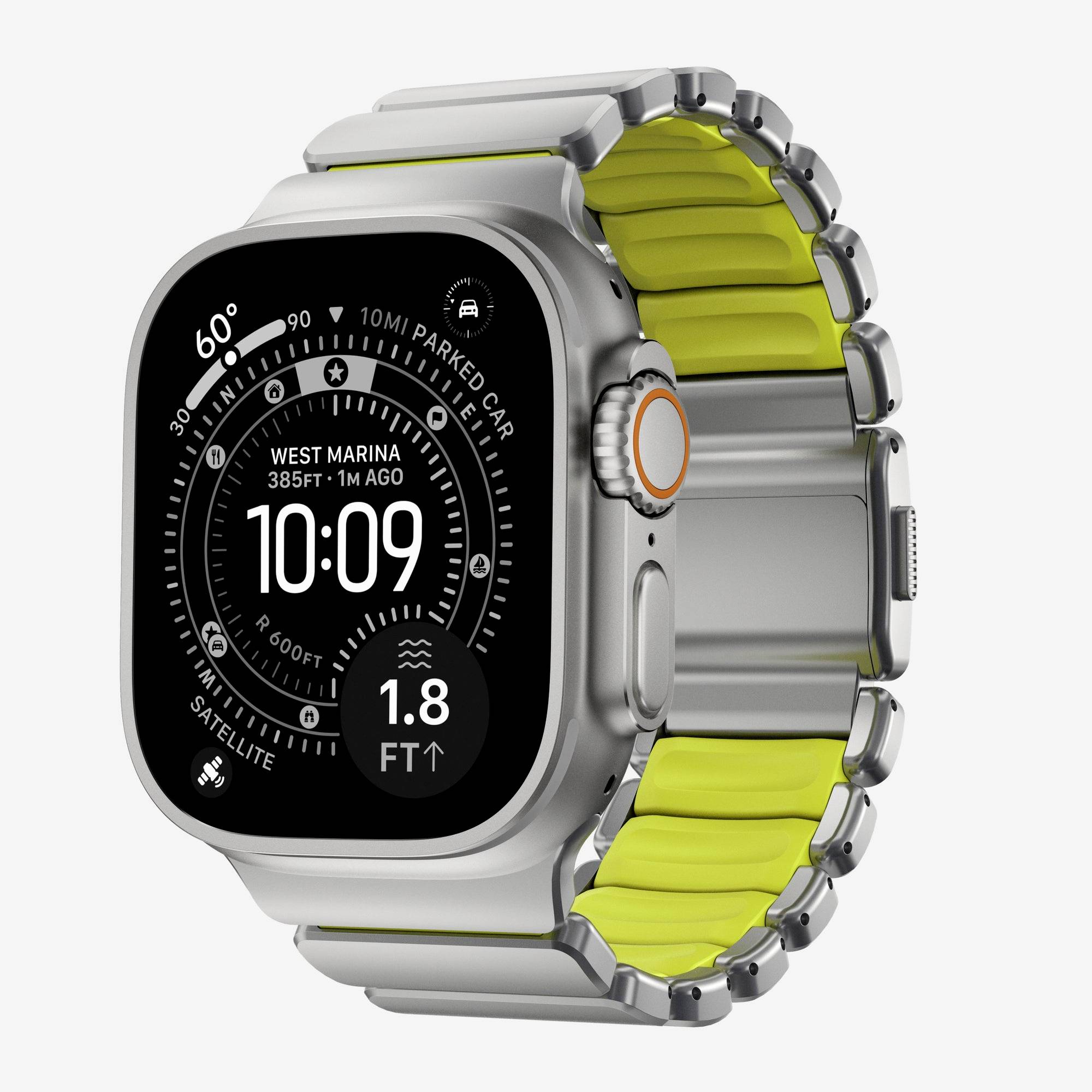 Orologio intelligente color argento con cinturino giallo brillante, che mostra un quadrante circolare che legge 10:09 e dati di localizzazione come "West Marina" e 1,8 ft.